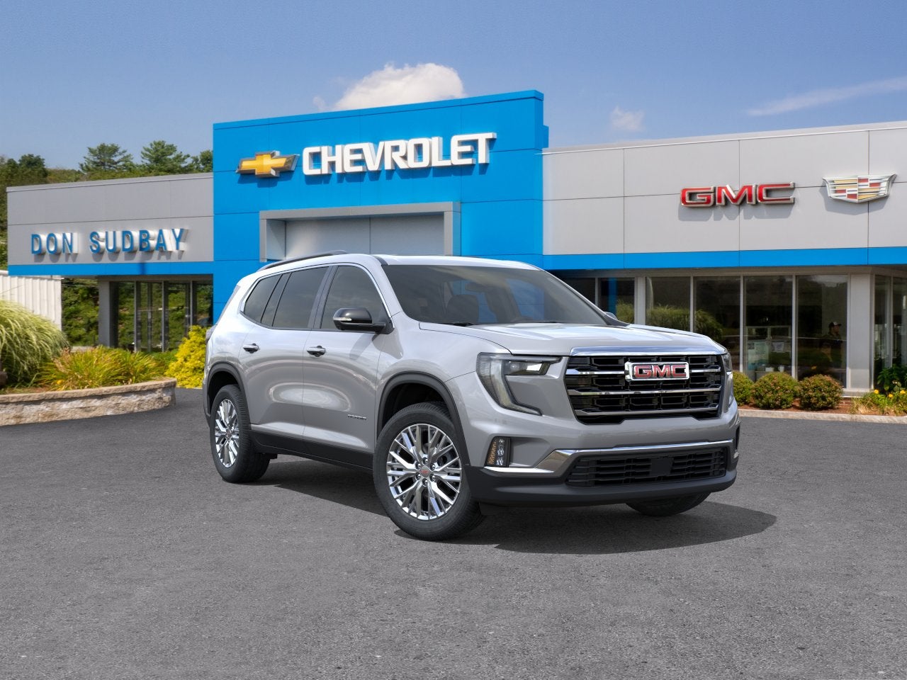 2026 GMC Acadia Elevation in Sterling Metallic — front three-quarter view