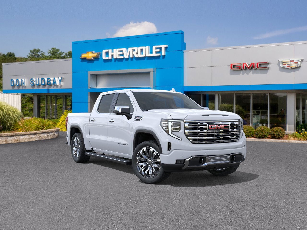 2026 GMC Sierra 1500 Denali in Glacier White Tricoat — front three-quarter view
